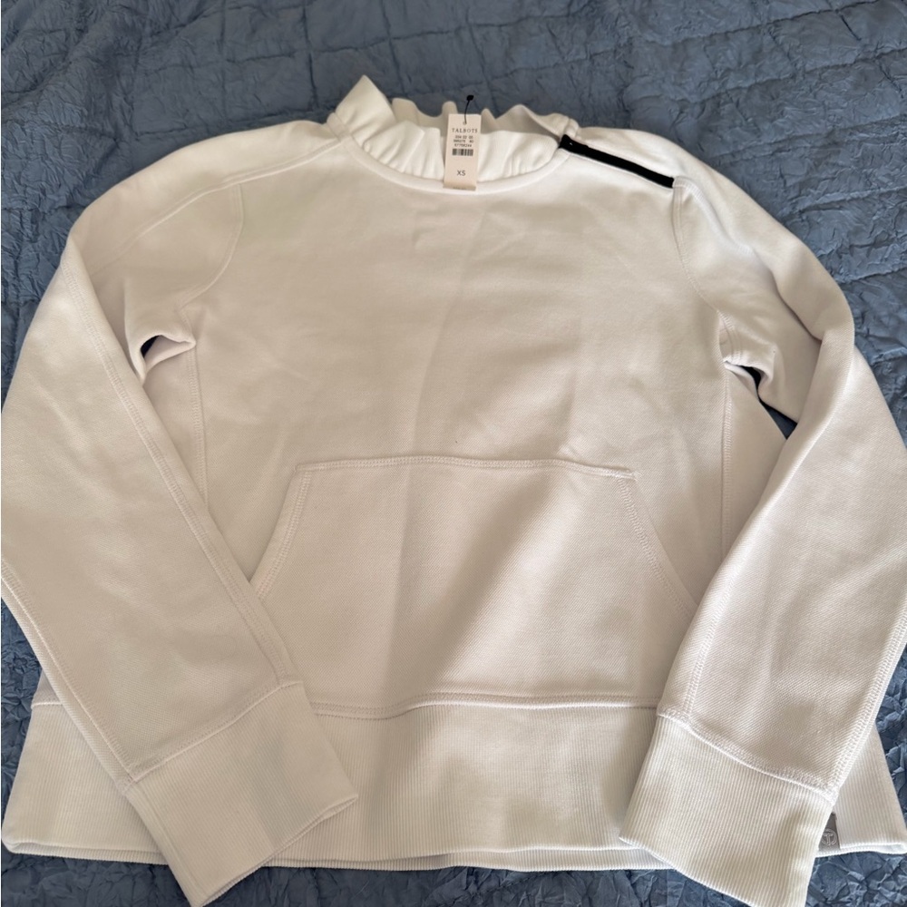 Talbots white ruffle neck top with kangaroo pocket Women’s XS NWT